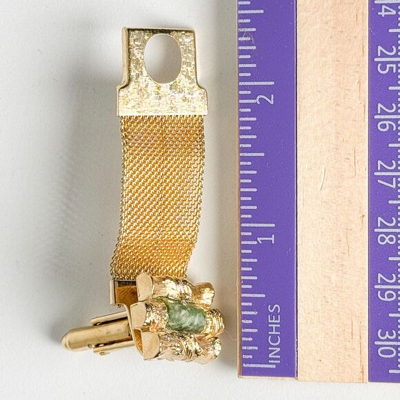 Vintage Jade Cufflinks Tie Clip Set Gold Tone Elegant Wedding Men Bamboo Asian - Picture 13 of 14